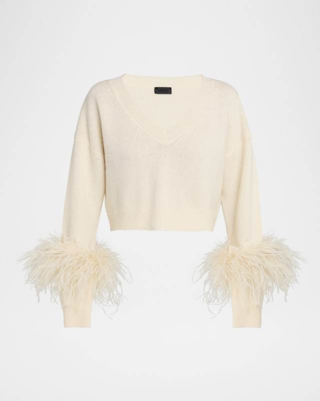 Feather-Trim Cashmere Crop Sweater